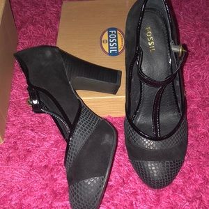 Black Fossil T Strap stacked heel